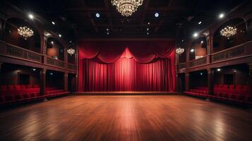 théâtre organiser, avec rouge rideau, en bois sol, chaises et éclairage ai génératif photo