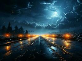 Autoroute route dans le nuit avec lourd pluie et foudre ai génératif photo