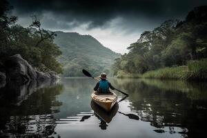 illustration de été l'eau des sports kayak dans une silencieux rivière entouré par luxuriant verdure. ai génératif. photo