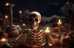 Halloween fête avec Humain des os dans le cimetière.avec plein lune nuit, avec espace pour texte. génératif ai. photo