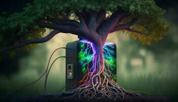 magnifique illustration de le symbolique la magie arbre de la vie.la ev mise en charge station explose avec coloré arbre racines. génératif ai. photo