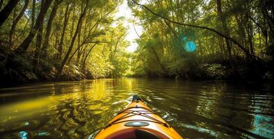 illustration de été l'eau des sports kayak dans une silencieux rivière entouré par luxuriant verdure. ai génératif. photo