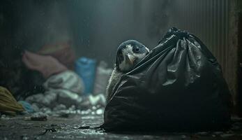 panguine en train de dormir dans une noir poubelle sac parmi le piles de Plastique déchets et le pluie. génératif ai. photo