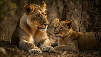 Lion et lionceau chasseur l'amour dans Kruger np Sud africain. génératif ai. photo