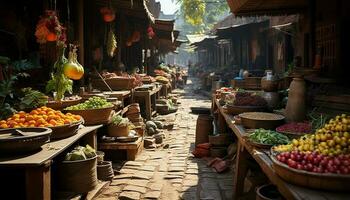 Frais des fruits et des légumes vendu à une vibrant rue marché généré par ai photo