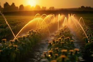 l'eau jets l'eau Jeune pousse sur le champ à le coucher du soleil avec magnifique éblouissement irrigation. génératif ai photo