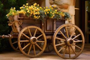 le chariot avec en bois roues comme décoration pour fleurs. génératif ai photo