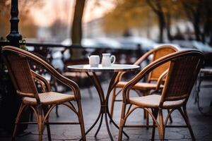 osier chaises et une métal table dans un Extérieur été café. génératif ai photo