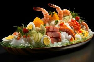 nourriture le surf et gazon salade avec Fruit de mer et Viande. génératif ai photo