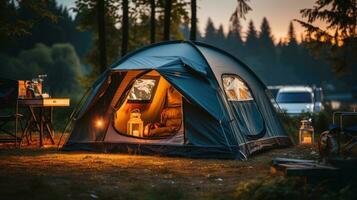 camping pique-nique tente camping dans Extérieur randonnée forêt. génératif ai photo
