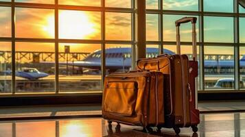 les valises dans aéroport, aéroport entrée, avions dans le Contexte. génératif ai photo