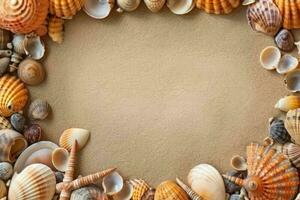 coquilles sur le sable. espace pour texte dans le centre. génératif ai photo