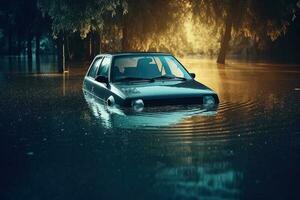 voiture inondé dans inonder l'eau. génératif ai photo