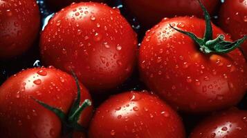 parfait Frais rouge humide tomates avec tomate sur Contexte. génératif ai photo