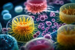 conceptuel scientifique Contexte avec microscopique coloré virus. génératif ai photo