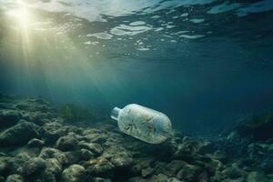 un vide Plastique bouteille flotteurs dans eau de mer contamination de le mer avec déchets. génératif ai photo