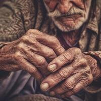 proche en haut de Masculin ridé mains. génératif ai photo