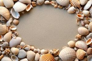 coquilles sur le sable. espace pour texte dans le centre. génératif ai photo