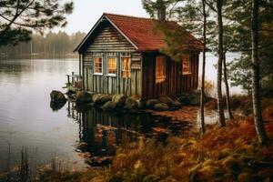 vieux cabane par le lac. génératif ai photo