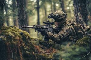 masqué soldat est visée à le cible pendant le mission. génératif ai photo