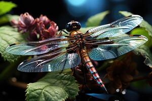 coloré libellule est assis sur une plante dans la nature. génératif ai photo