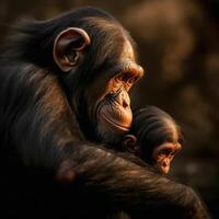 chimpanzé mère avec sa peu bébé. génératif ai photo