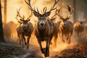 coup de une grand troupeau de cerf en cours d'exécution. génératif ai photo