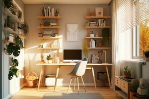 intérieur conception de vivant pièce avec bureau et chaise, moderne maison. génératif ai photo