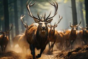 coup de une grand troupeau de cerf en cours d'exécution. génératif ai photo