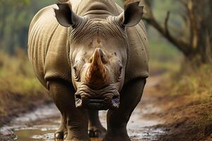 rhinocéros avec grand cornes. génératif ai photo