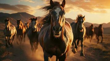 une troupeau de sauvage les chevaux monte à travers le steppe. génératif ai photo