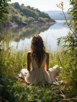 fille séance méditer, Faire yoga sur le Contexte de la nature. génératif ai photo