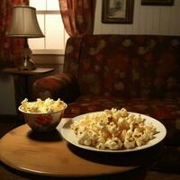 pop corn dans une bol sur le tableau. génératif ai photo