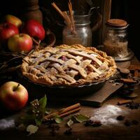 fraîchement cuit Pomme tarte sur une rustique tableau. génératif ai photo