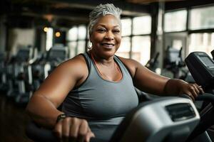 Candide photo de pleine figure âge moyen femme exercice dans salle de sport, mettant en valeur confiance et résistance