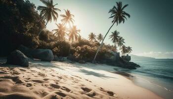 idyllique tropical littoral, paume arbre coucher de soleil, tranquille des eaux bord relaxation généré par ai photo