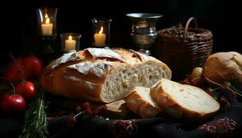 une rustique table fête traditionnel des cultures avec gourmet pain et Viande généré par ai photo