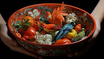 Frais biologique repas dans fleuri bol avec coloré légume décoration généré par ai photo