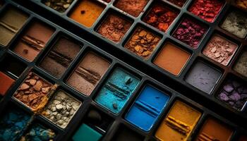 variété de vibrant couleurs dans grand le fard à paupières palette collection généré par ai photo