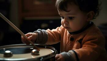 mignonne caucasien bambin en jouant percussion instrument, apprentissage la musique à l'intérieur avec joie généré par ai photo