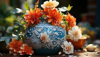 vase de fleurs, la nature décoration sur une en bois table généré par ai photo