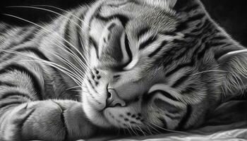 doux, mignonne chaton sieste sur oreiller, yeux fermé dans relaxation généré par ai photo
