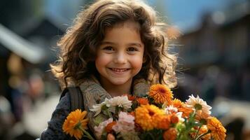 Indien fille enfant en portant bouquet de fleurs photo