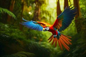 coloré perroquet en volant dans le air plus de forêt rempli avec paume des arbres. génératif ai photo