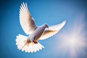 blanc oiseau en volant dans le air avec ses ailes large ouvert et ailes large ouvert. génératif ai photo