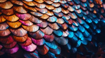 proche en haut vue de coloré des oiseaux plumes modèle sur mur. génératif ai photo