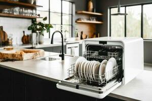 blanc Lave-vaisselle séance à l'intérieur de cuisine suivant à couler. génératif ai photo