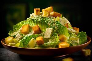 proche en haut de assiette de nourriture avec salade et Croûtons. génératif ai photo