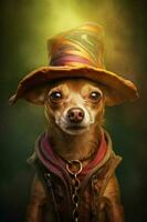 marron chien portant chapeau et rouge et Jaune écharpe et collier. génératif ai photo