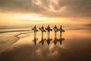 quatre surfeurs marcher le long de le plage génératif ai photo